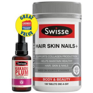 Swisse Ultiboost Hair Skin Nails 180 Tablets   Kakadu Plum Serum 30ml Exclusive Size