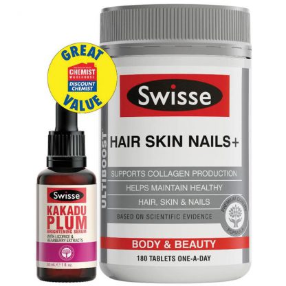 Swisse Ultiboost Hair Skin Nails 180 Tablets   Kakadu Plum Serum 30ml Exclusive Size